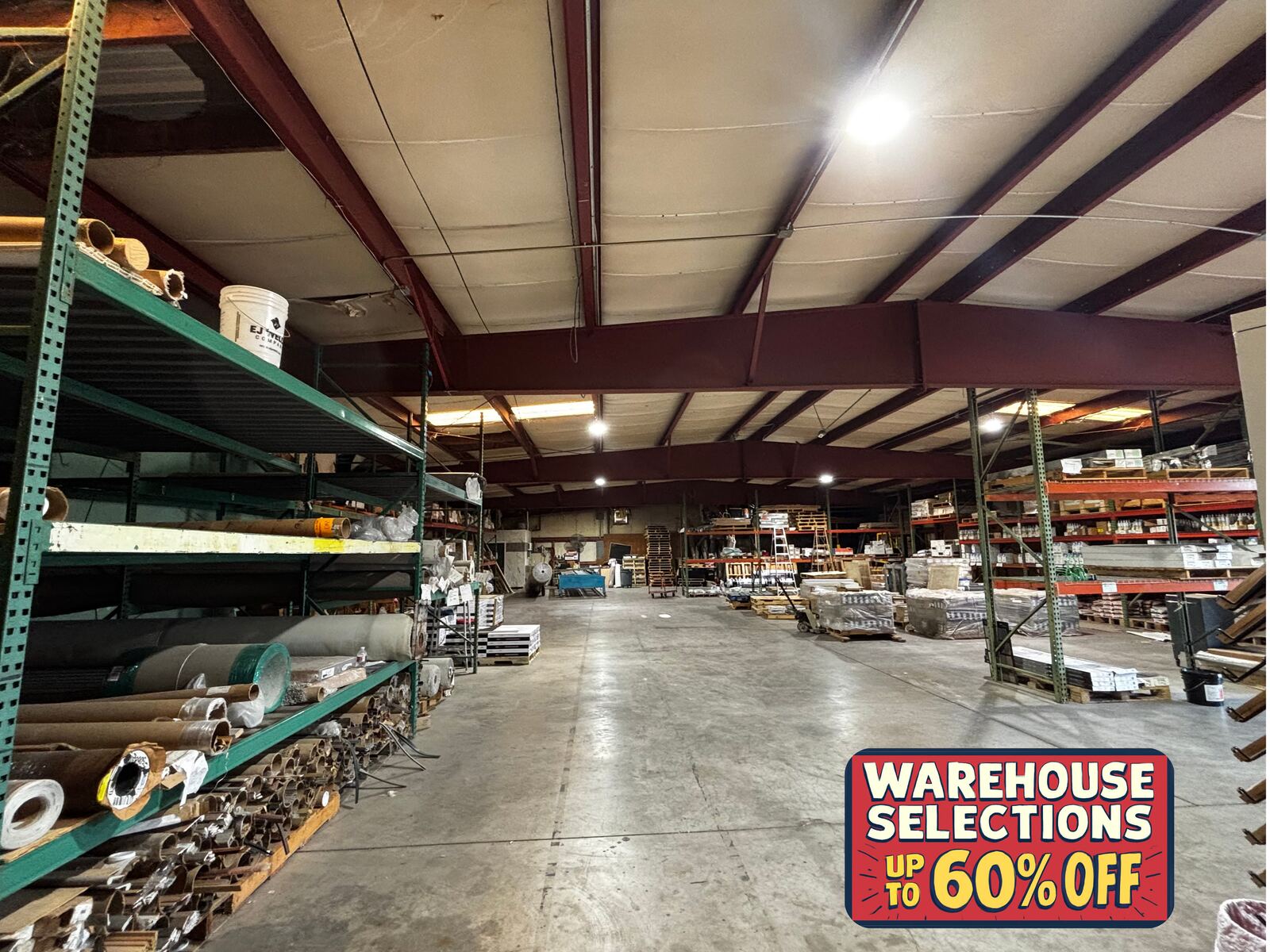 LJ's Floor Covering warehouse full of in-stock flooring